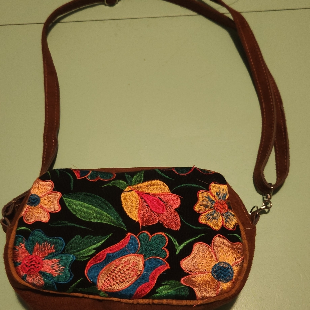 Embroidered Floral Brown Crossbody Bag